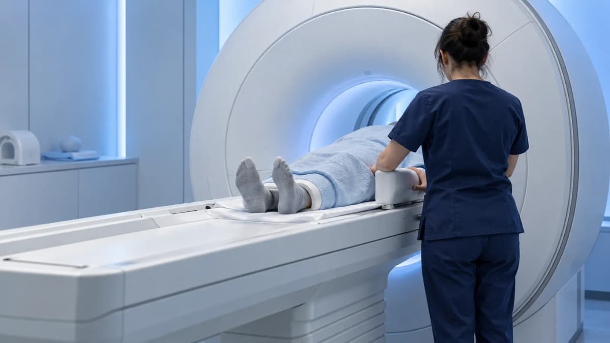 A patient in grey socks under a pale blue blanket lying on an MRI scanner table at the entrance of the bore, a radiographer in navy scrubs seen from behind adjusting a cushion, cool blue clinical light