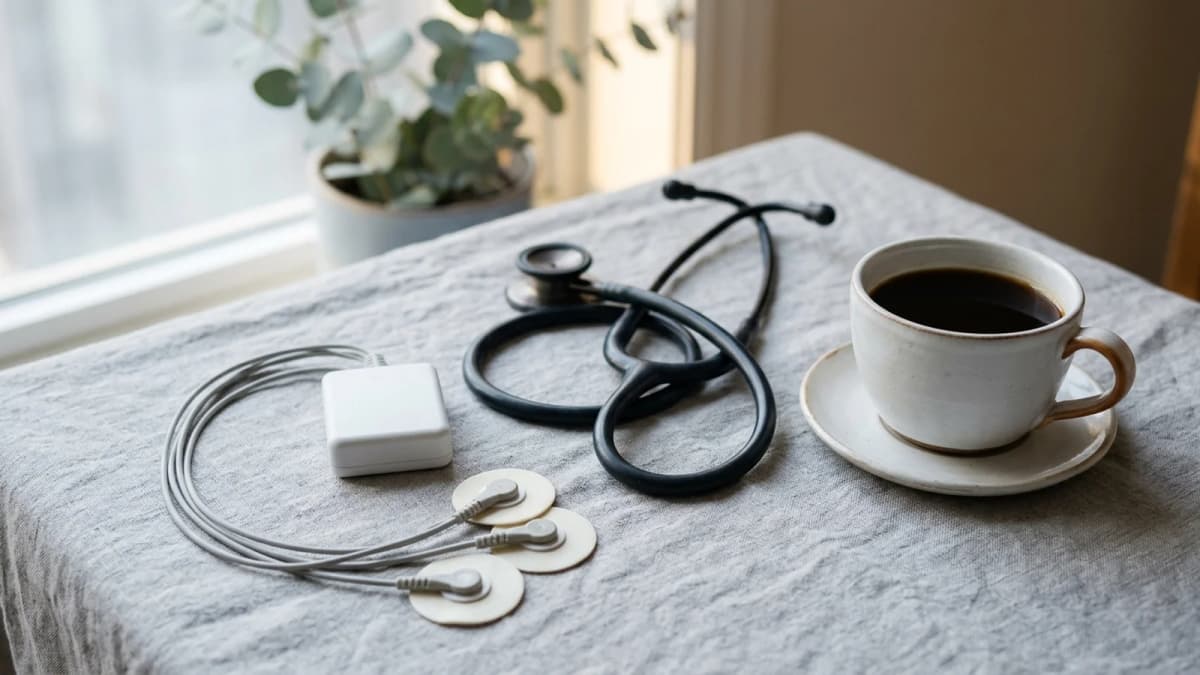 A small ambulatory heart-rhythm monitor with electrode pads, a stethoscope and a cup of black coffee on a grey linen tablecloth by a window