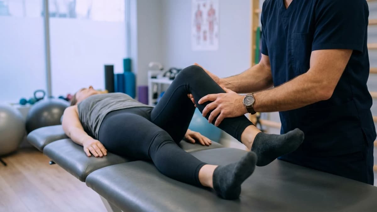 A therapist's hands flexing a patient's knee on a padded treatment couch