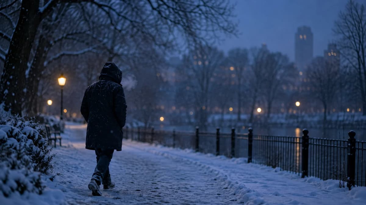 Человек в тёмной зимней куртке с капюшоном идёт по заснеженной аллее парка в сумерках, в холодном воздухе виден пар от дыхания, позади фонари и замёрзшая река