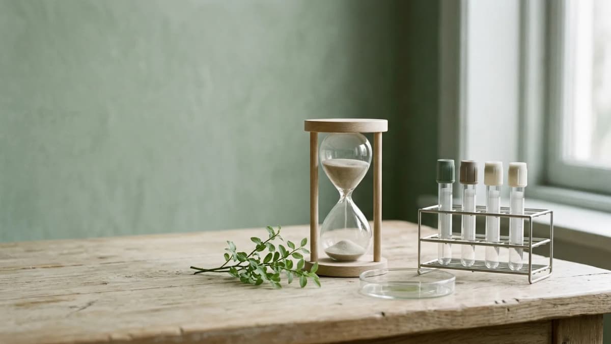 Capped blood collection tubes in a metal rack, a wooden hourglass with sand running and a sprig of green leaves on a pale wooden bench by a window