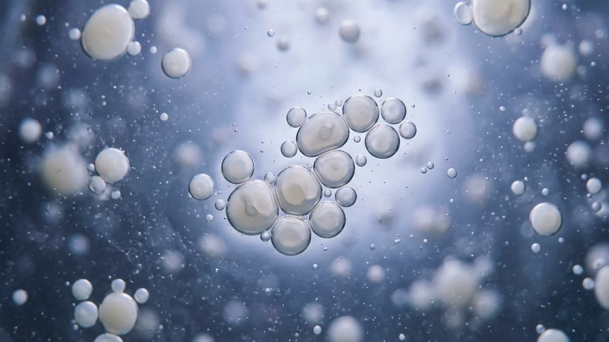 Pale lipid droplets dispersed through backlit water, shown close up