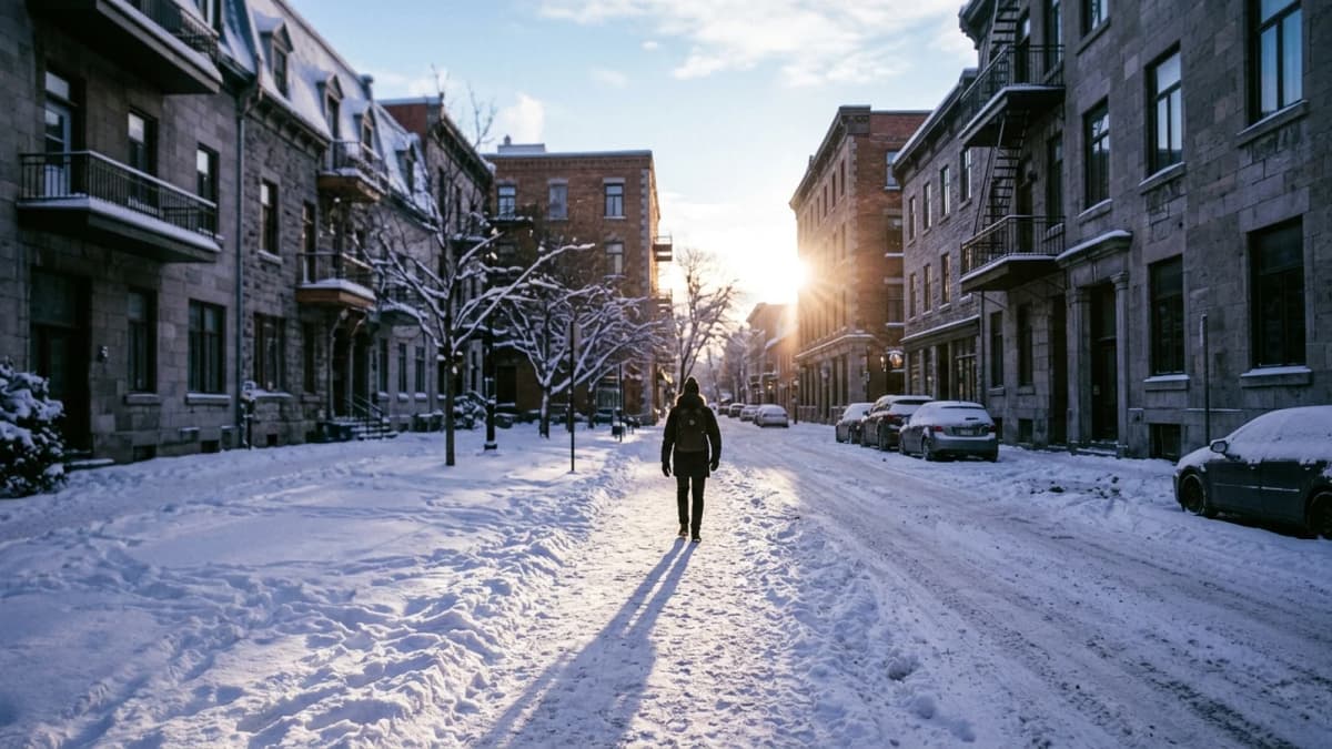 A winter street with low sun between buildings and a person walking away casting a long shadow