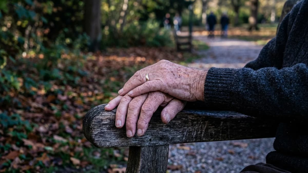 An older person's hands resting on a park bench armrest in low autumn sunlight