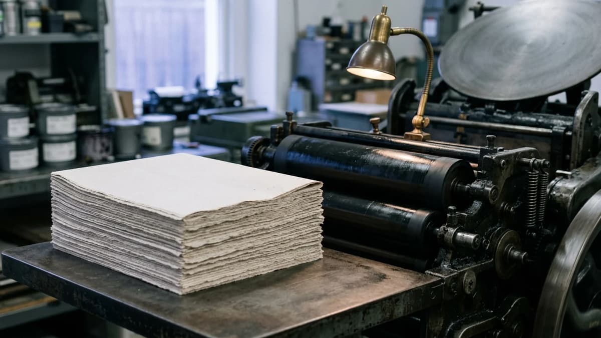 A stack of blank newsprint sheets beside the inked rollers of a printing press