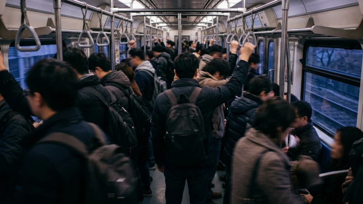 The interior of a crowded commuter train at dusk with passengers blurred by motion