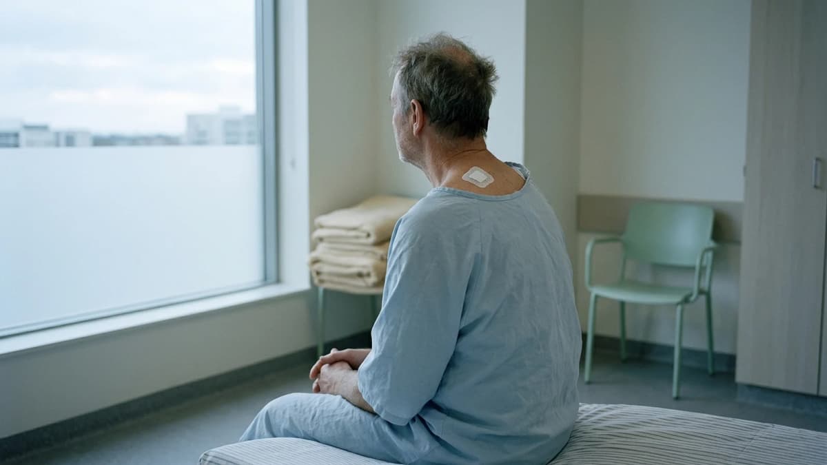 An older man seen from behind sitting on a hospital bed by a large window in cool morning light, a small white sensor patch on his upper back near the neck