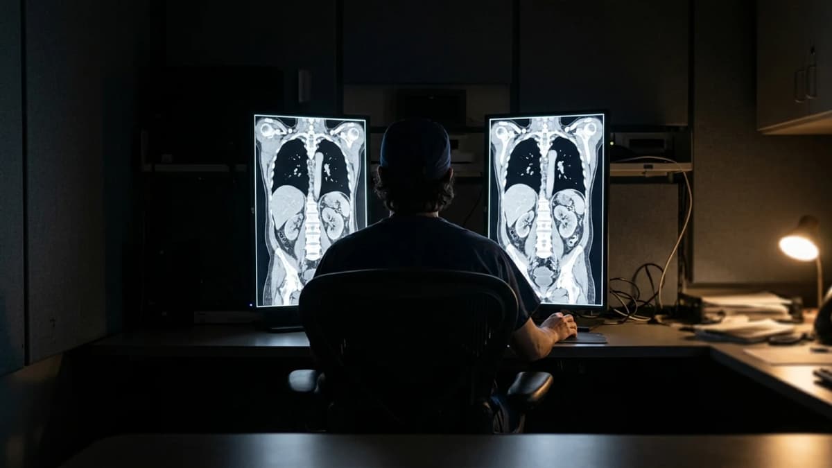 A radiologist seen from behind reading chest and abdominal CT images on two monitors in a dark reading room at night