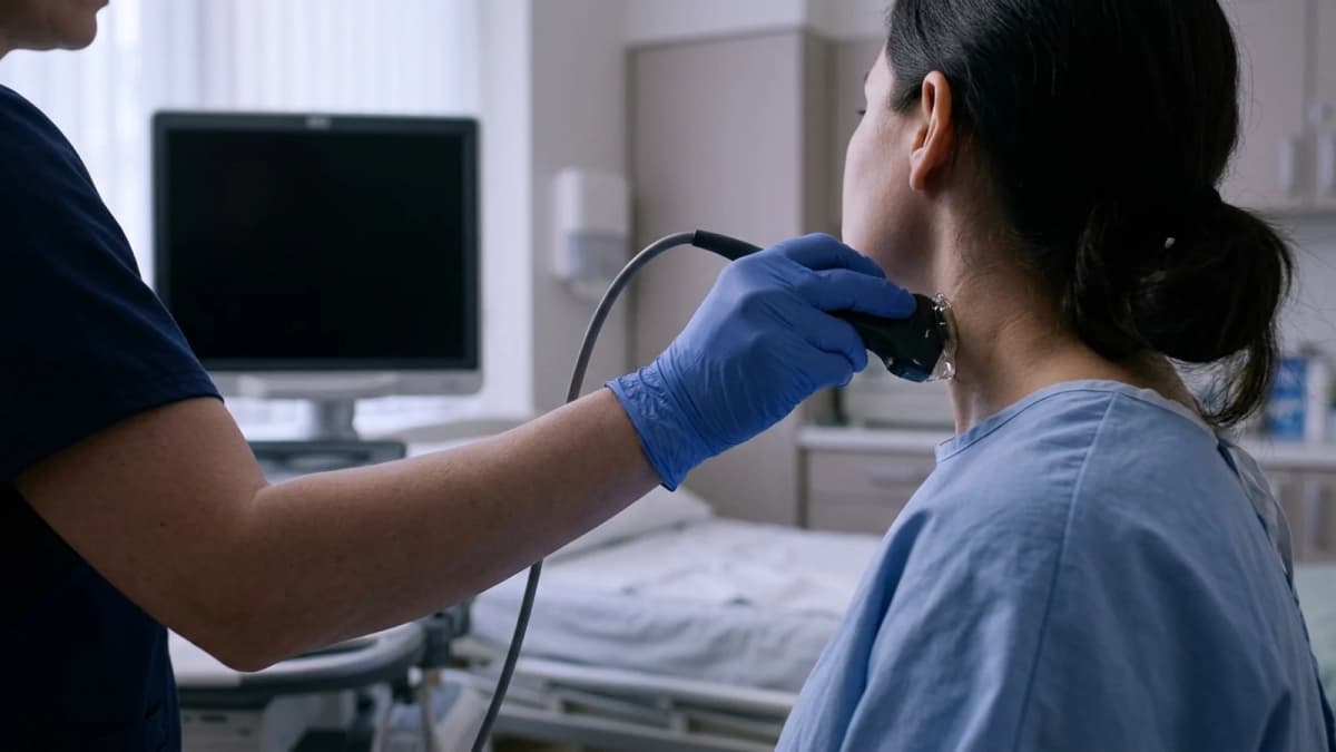 A gloved hand holding a linear ultrasound probe against the side of a neck