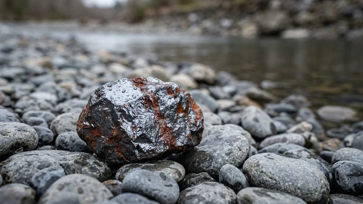 A raw chunk of rust-streaked iron ore among wet grey pebbles on a riverbank under an overcast sky