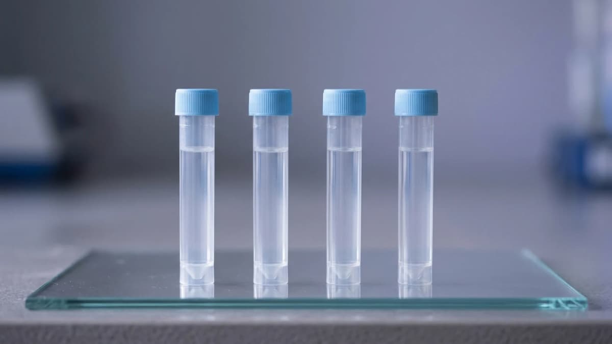 Four identical blank sample tubes standing in a row on clear glass