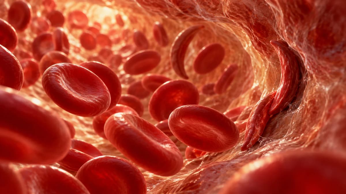 Macro view inside a small blood vessel: round disc-shaped red blood cells drifting through a translucent channel, a few stiff crescent-shaped sickle cells caught against the vessel wall, deep crimson tones with warm backlight