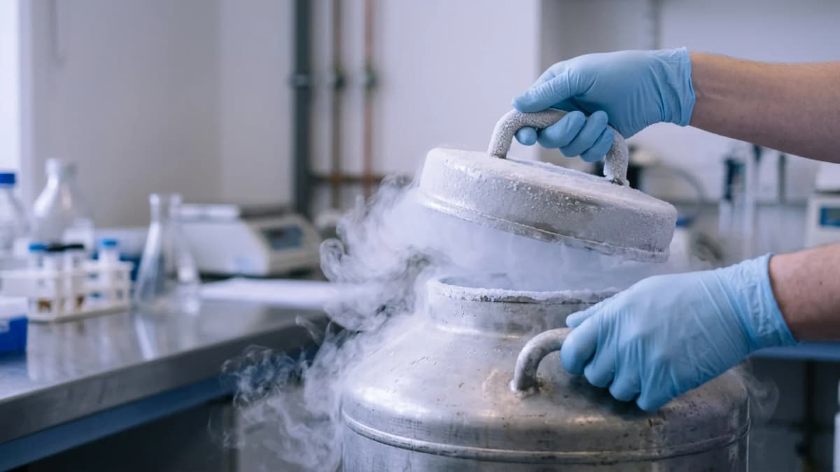 Gloved hands lifting the frosted lid of a cryogenic shipping container as vapour spills out