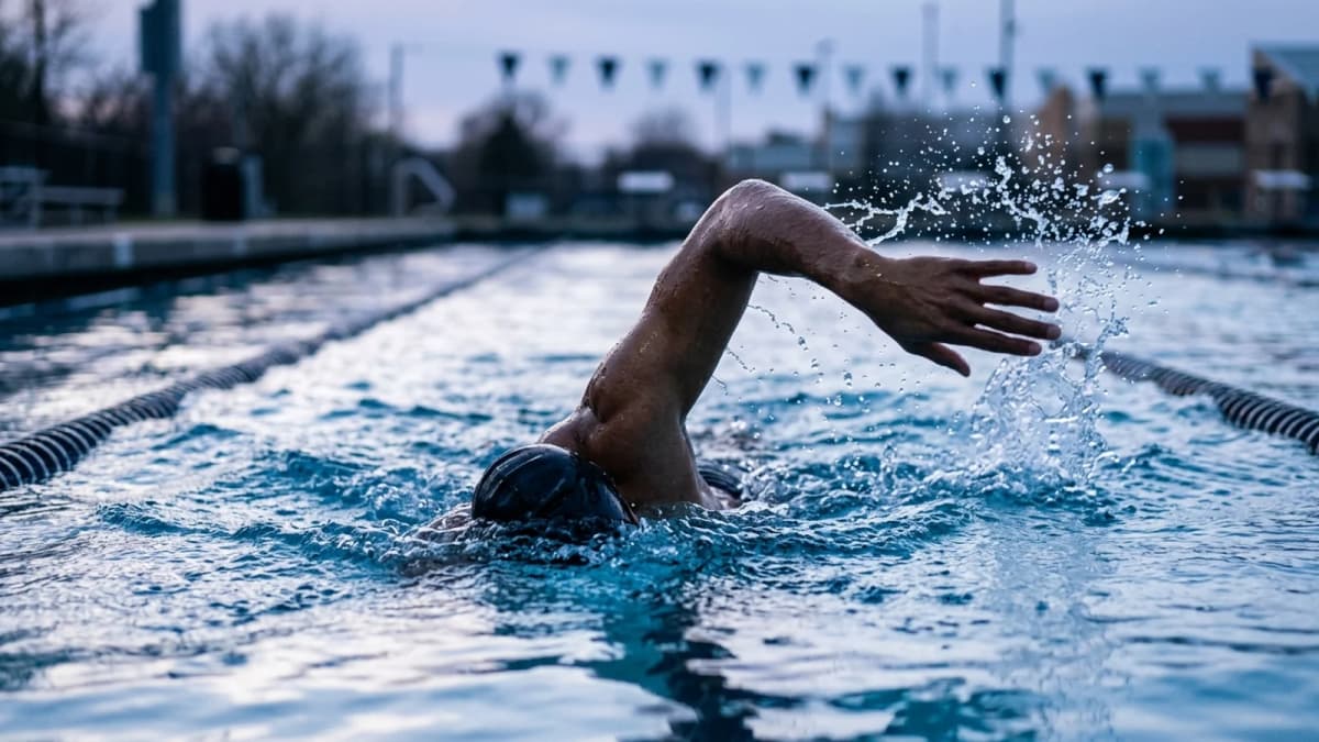 A swimmer's arm breaking the water surface mid stroke, spray caught in the air