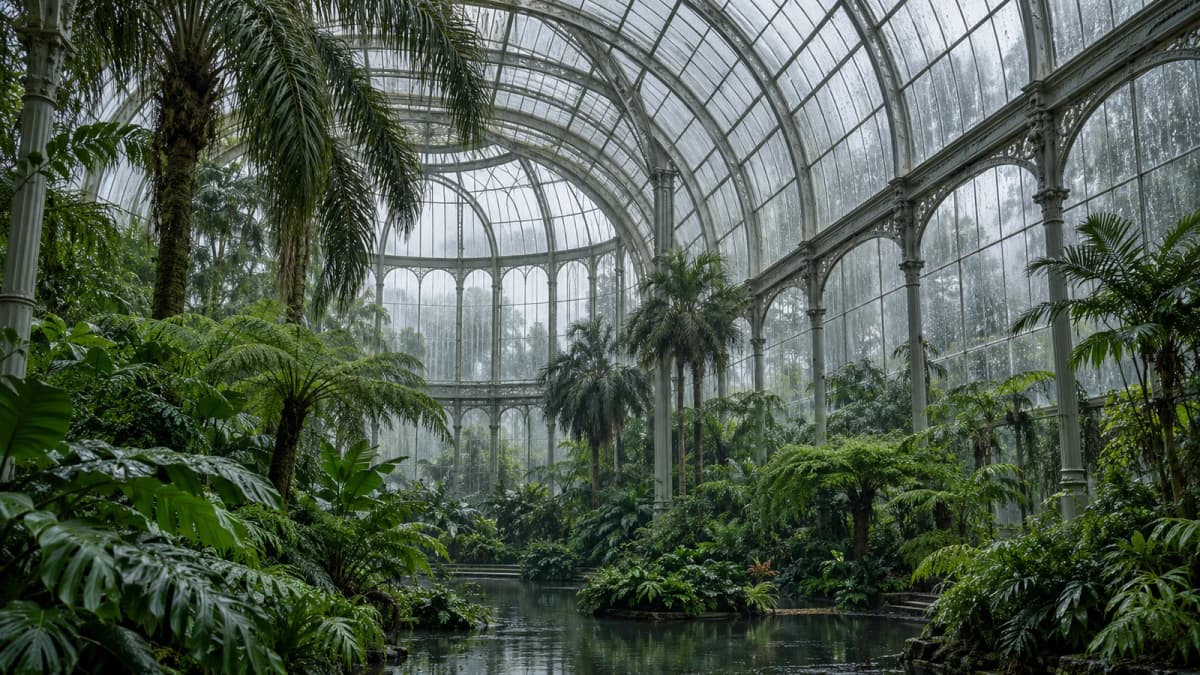 Inside a large glass greenhouse at overcast midday, tall palms and ferns under a curved glass roof with rain running down the panes