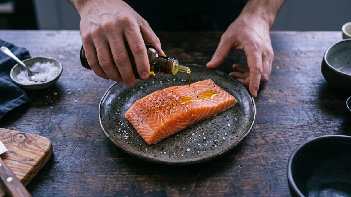 Hands drizzling oil over a salmon fillet on a dark ceramic plate, seen from above