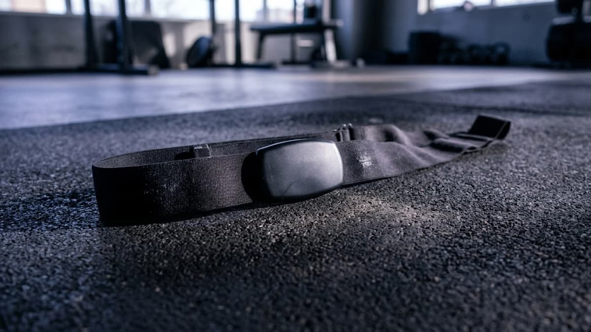 An elasticated chest strap heart rate monitor lying on a dark gym mat