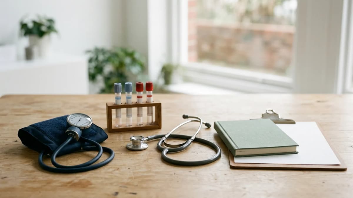 A blood pressure cuff with a dial gauge, four capped blood collection tubes in a wooden rack, a stethoscope and a closed green notebook on a clipboard, arranged on a wooden desk by a bright window