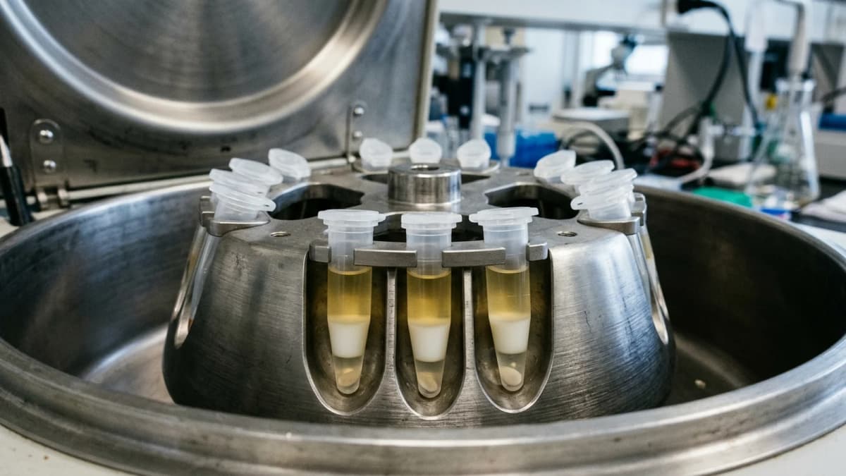 An open laboratory centrifuge with capped tubes showing separated layers
