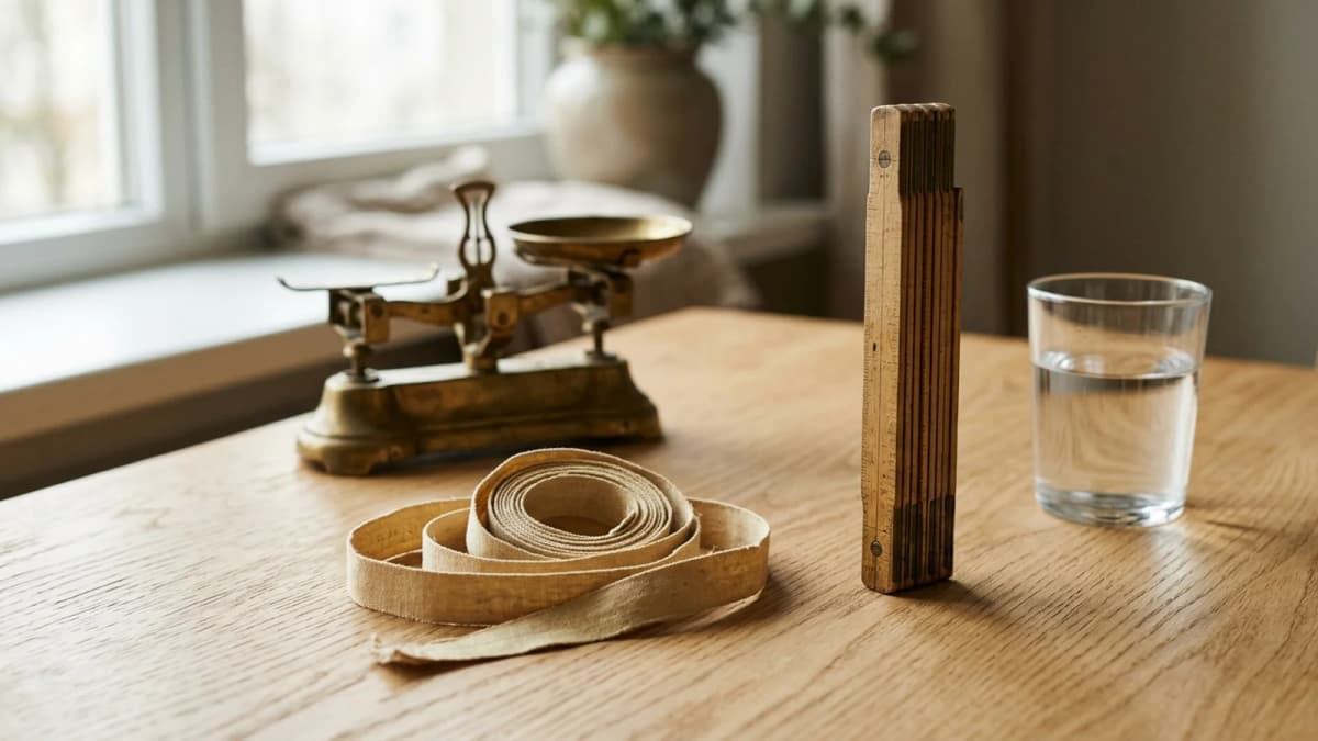 A cloth measuring tape coiled on a light oak table next to an upright wooden folding ruler, an old brass balance scale and a glass of water, in soft window light