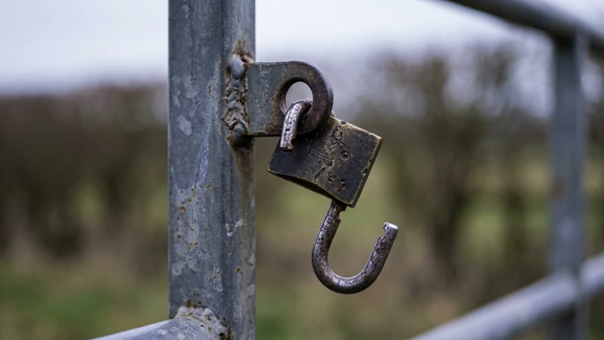 An open padlock hanging unlatched from a metal gate loop