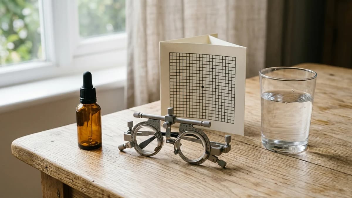 An Amsler grid card, an ophthalmologist's trial lens frame, an amber dropper bottle and a glass of water on a light oak table by a window
