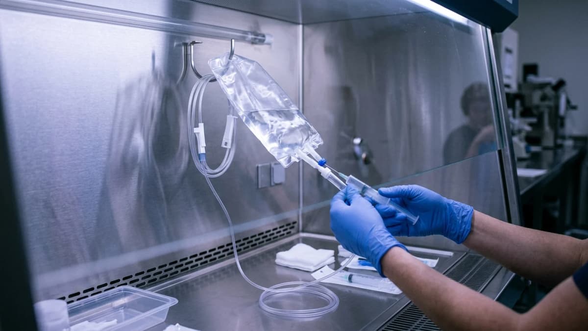 Gloved hands preparing an unlabelled infusion bag inside a laminar flow hood