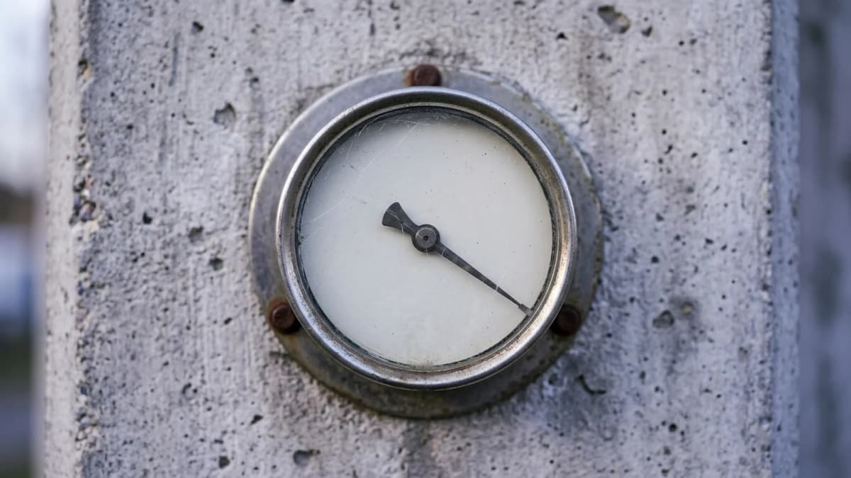 A single blank analogue dial gauge on a concrete wall, its face unmarked