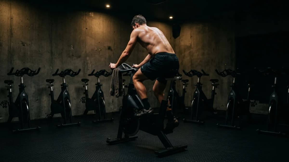 A person seen from behind pedalling hard on a stationary bike in a dim evening cycling studio with concrete walls
