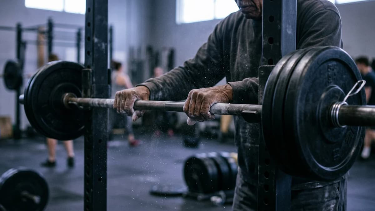 An older person's hands gripping a loaded barbell on a gym rack, chalk dust in the air