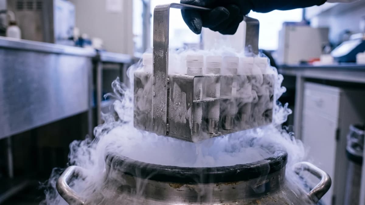 A cryogenic storage rack lifted from liquid nitrogen vapour, cold fog spilling over metal