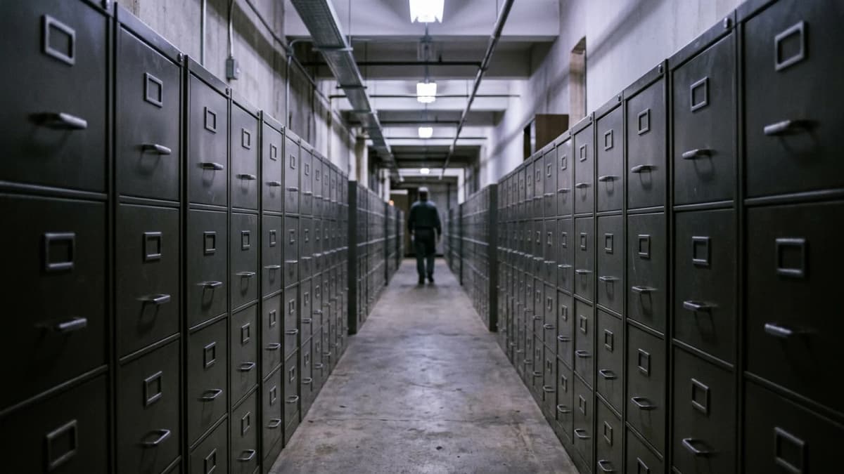 An archive room with rows of identical closed steel filing drawers