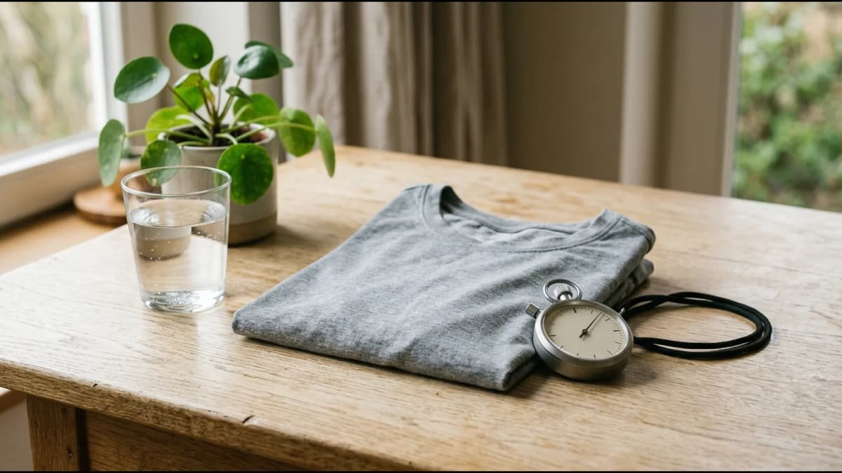 A silver stopwatch with a black cord beside a folded grey running shirt, a glass of water and a green potted plant on a light oak table by a window