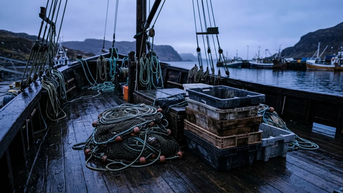 The wet plank deck of a fishing boat at dawn with coiled nets and empty crates