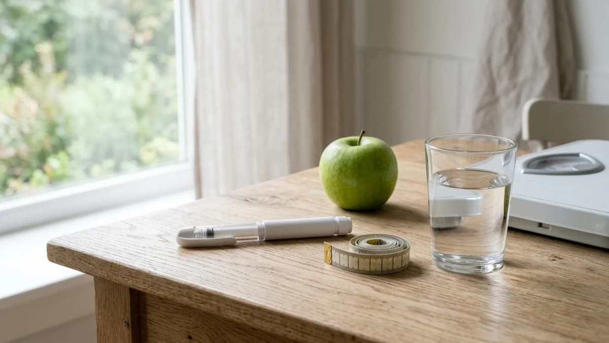 A plain white injection pen, a coiled tape measure, a green apple, a glass of water and the edge of a bathroom scale on a light oak table by a window