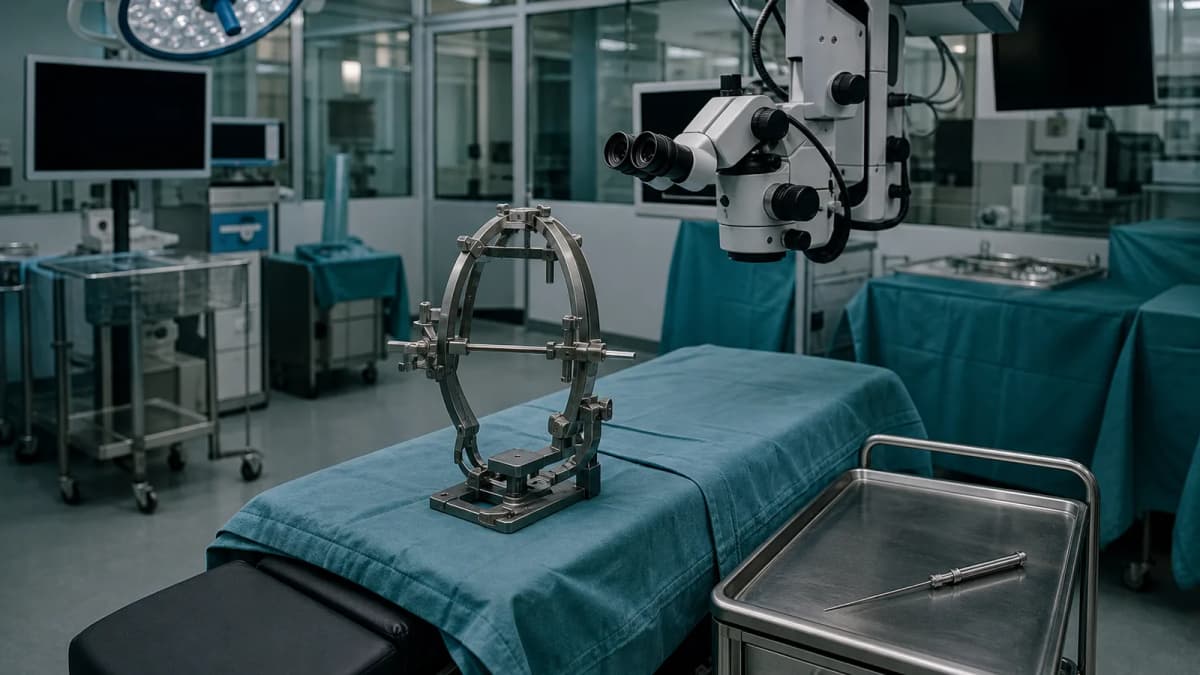 An empty neurosurgical operating room in cold light, with a metal stereotactic head frame on the draped table, a surgical microscope on a boom arm and a thin cannula on a steel trolley