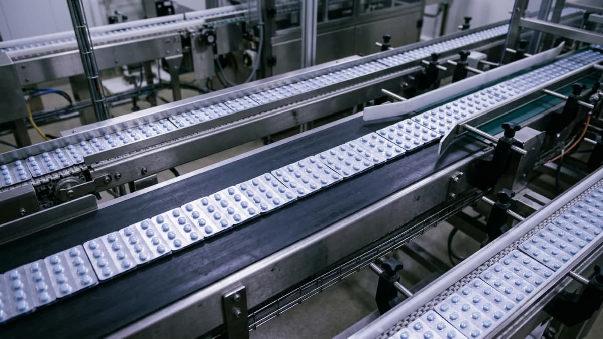 Identical unlabelled blister packs on a pharmaceutical packaging conveyor, seen from above