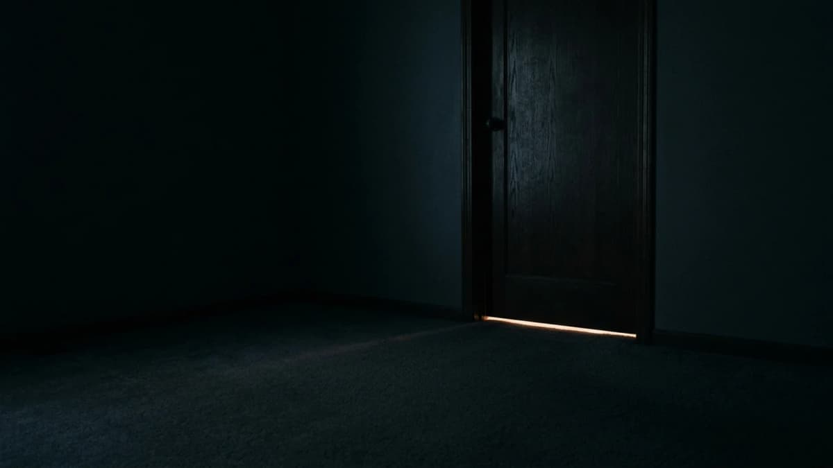 A dark bedroom with only a thin line of light beneath the closed door