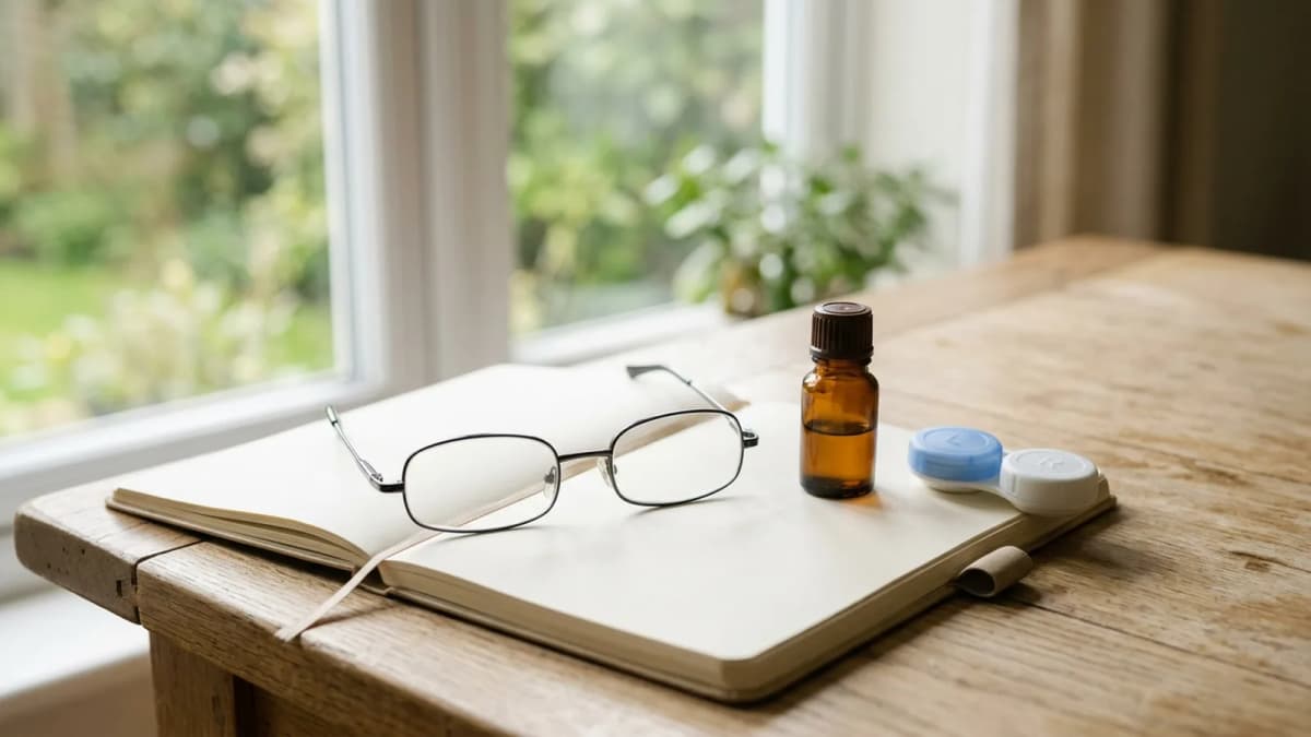 Thin metal reading glasses on an open blank notebook, a small unlabelled amber dropper bottle and a blue-and-white contact lens case on an oak desk by a bright window