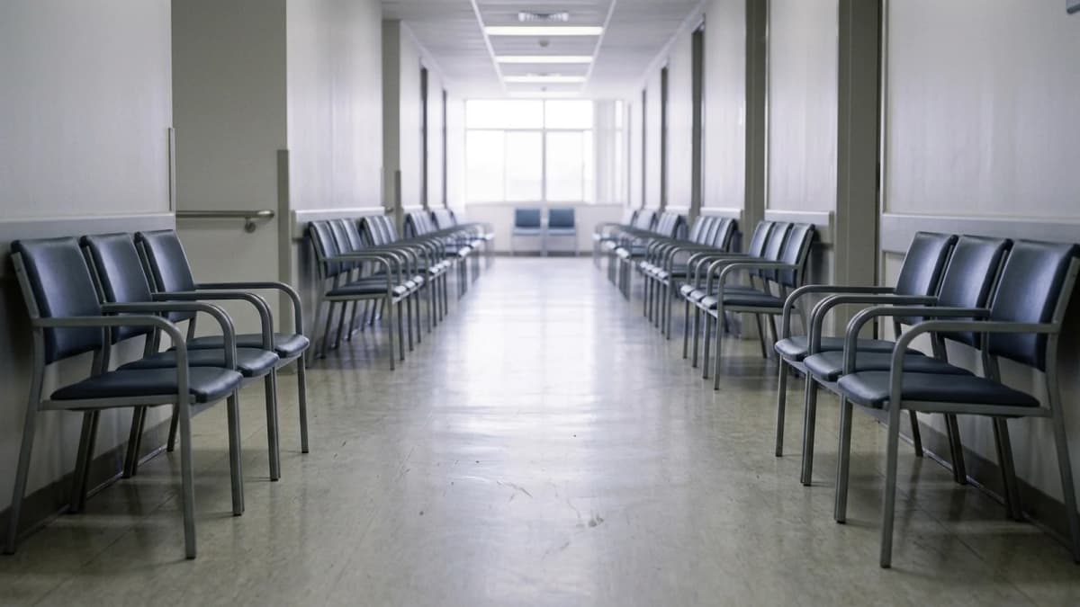 An empty hospital corridor lined with identical waiting chairs