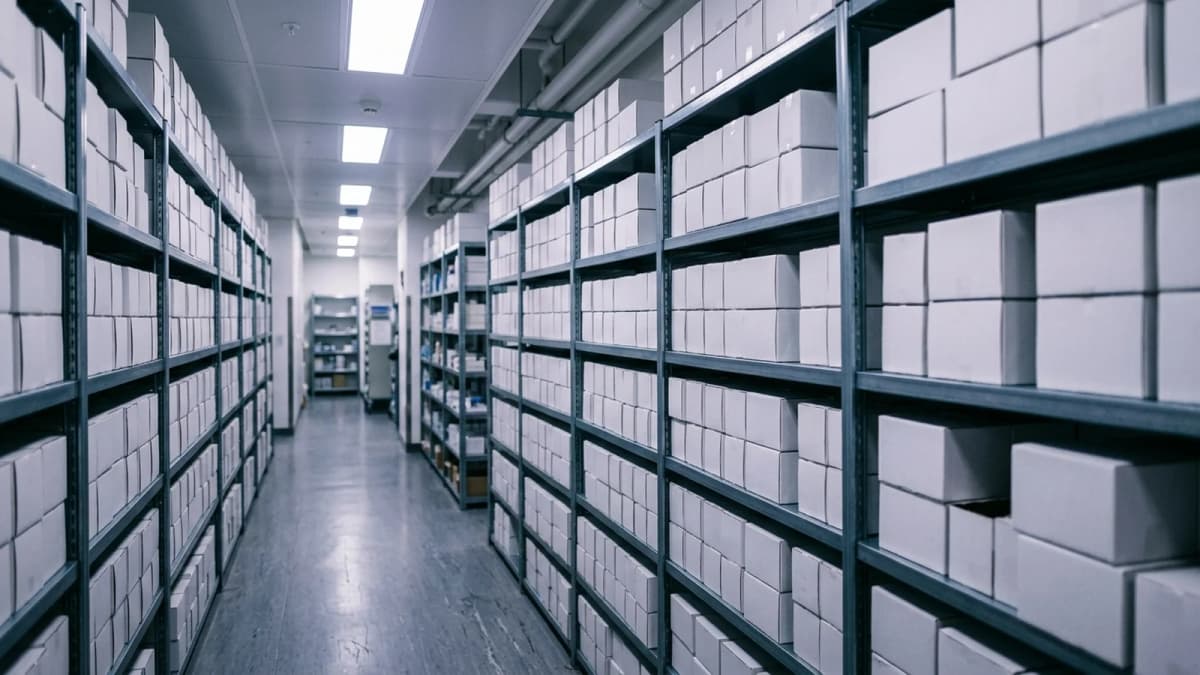 A hospital pharmacy aisle with rows of identical unlabelled boxes on steel shelving