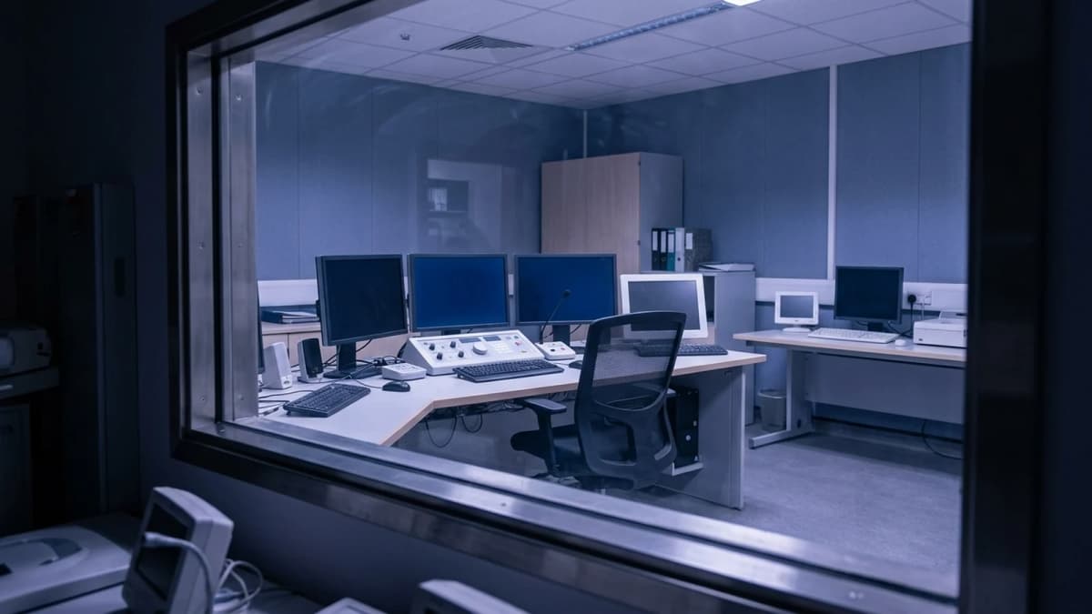 An empty MRI control room seen through observation glass with an unoccupied chair