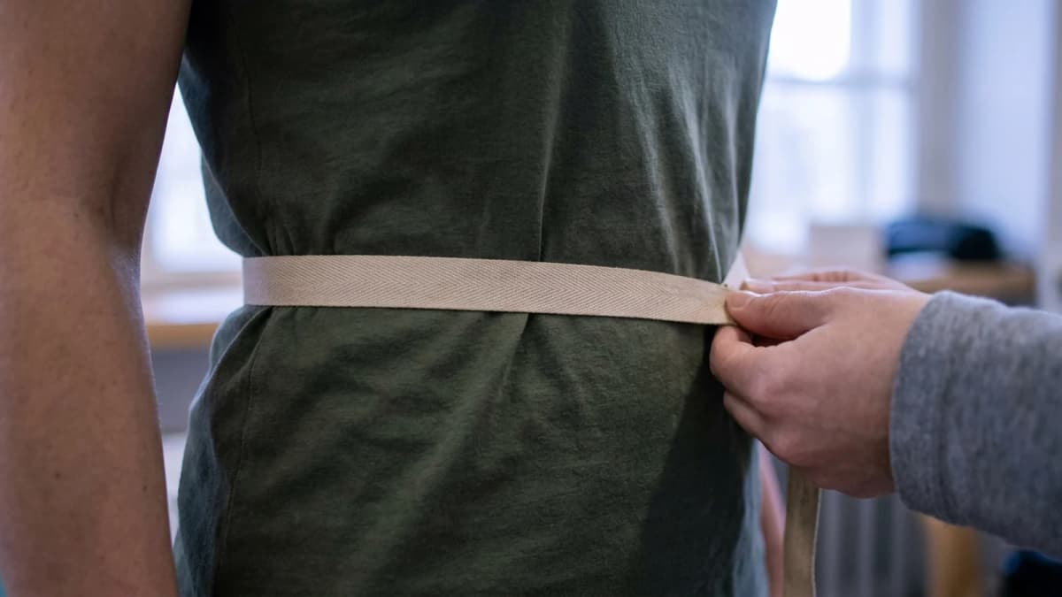 A cloth tape measure drawn around a person's waist over a plain t-shirt