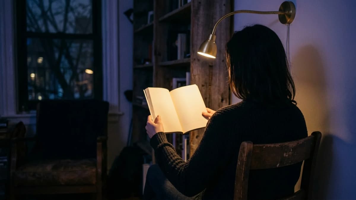 A person seen from behind holding an open book at arm's length under a reading lamp at night