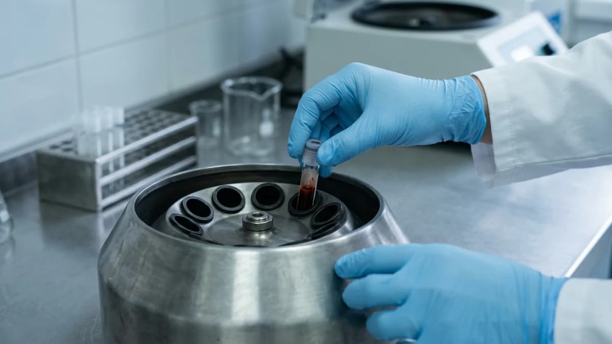 Gloved hands placing a single blood tube into a stainless-steel centrifuge in a laboratory under cold light