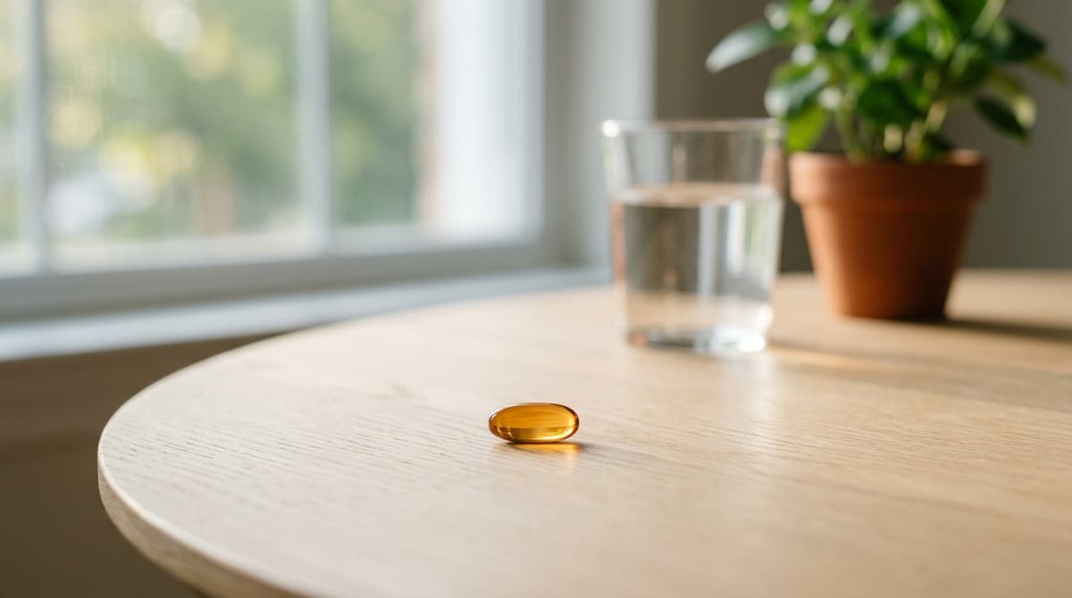 A translucent amber capsule on a pale oak table beside a glass of water and a small potted plant in soft window light