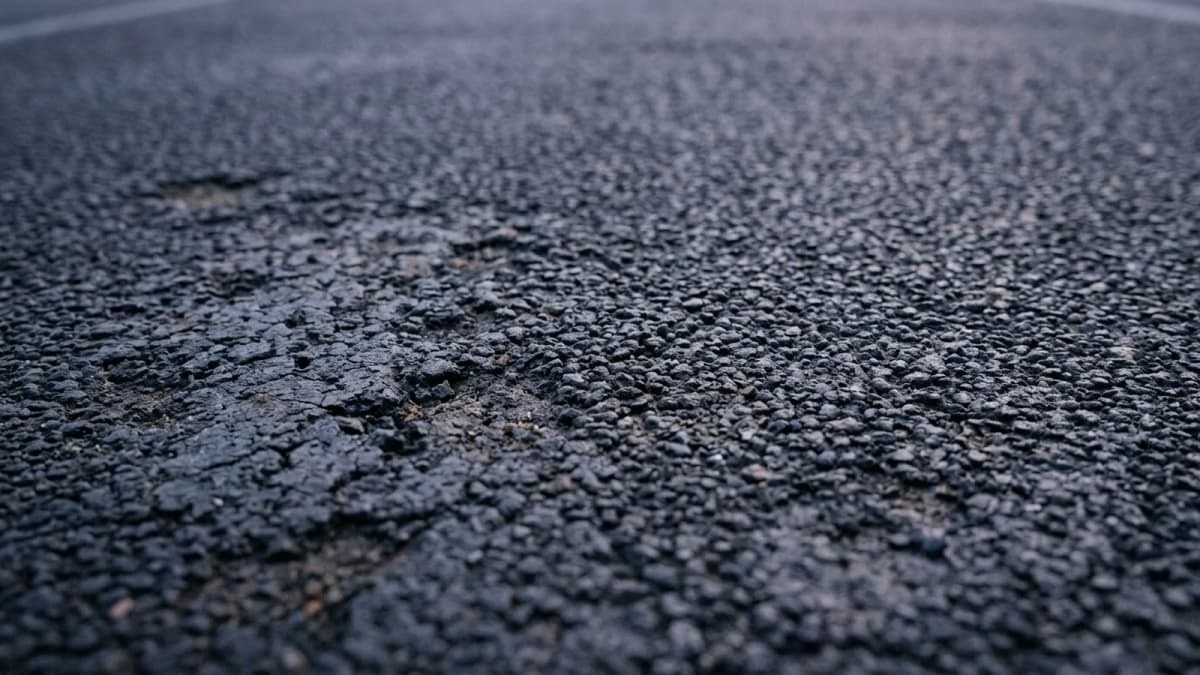 The worn rubberised surface of an outdoor running track lane, shown close up