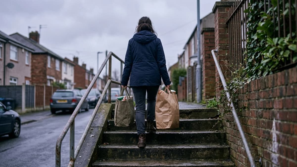 A person seen from behind carrying heavy grocery bags up concrete steps