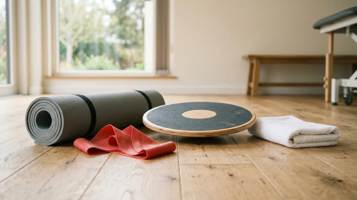 A rolled grey exercise mat, a red resistance band, a wooden balance board and a folded towel on a light oak floor in a physiotherapy room