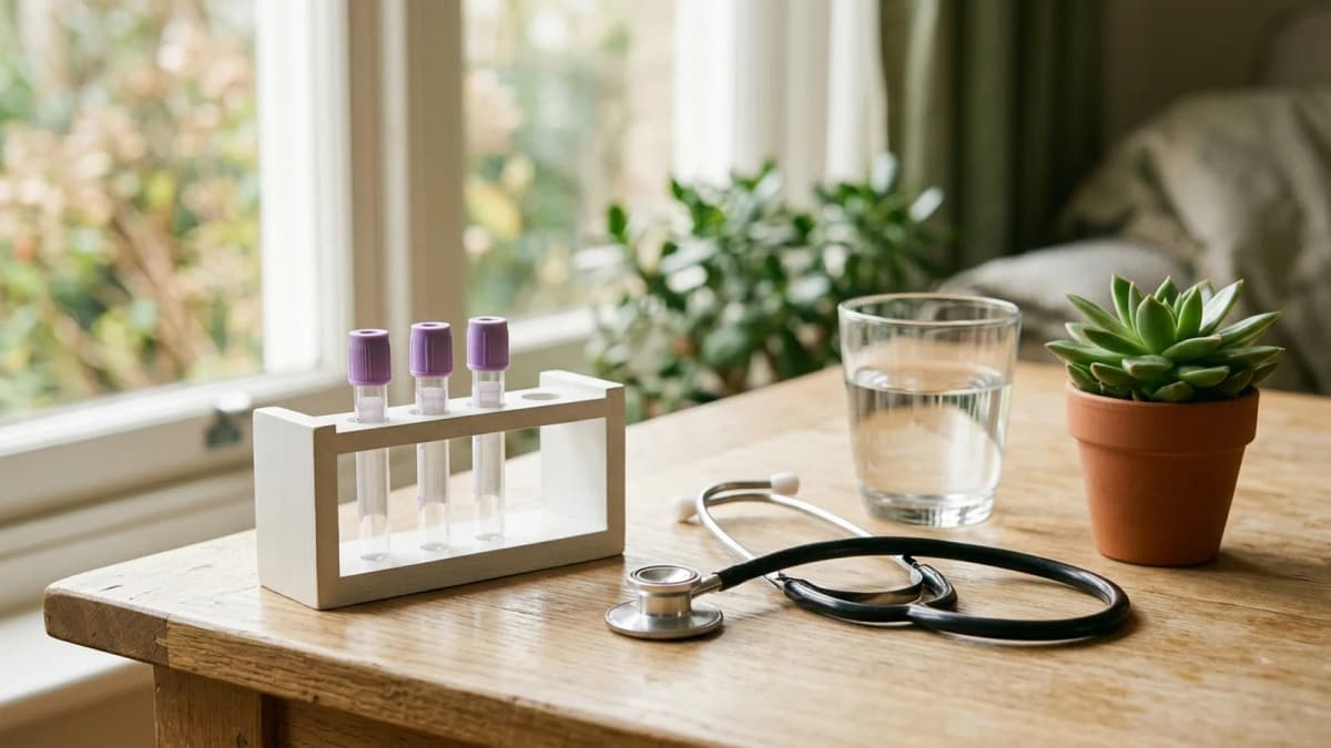Three blood collection tubes with purple caps in a white rack beside a coiled stethoscope, a glass of water and a small succulent on a light oak table by a window